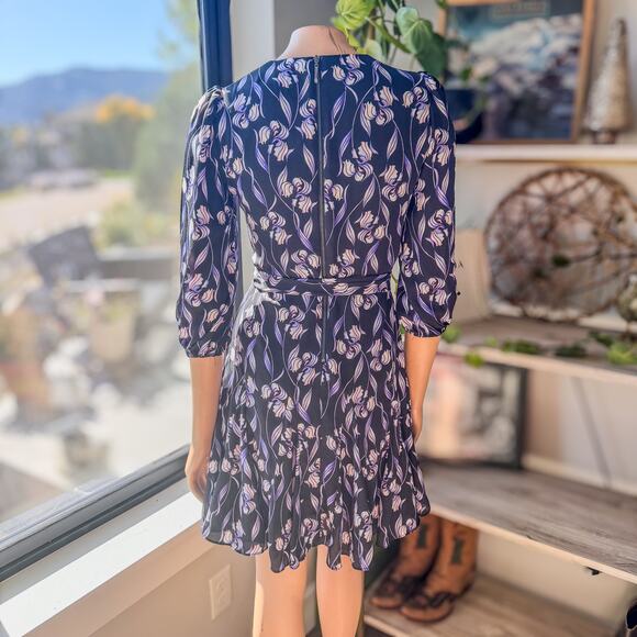 White House Black Market, Purple & Black Iris Floral Dress Tie Waist Women’s 00 - Picture 4 of 11